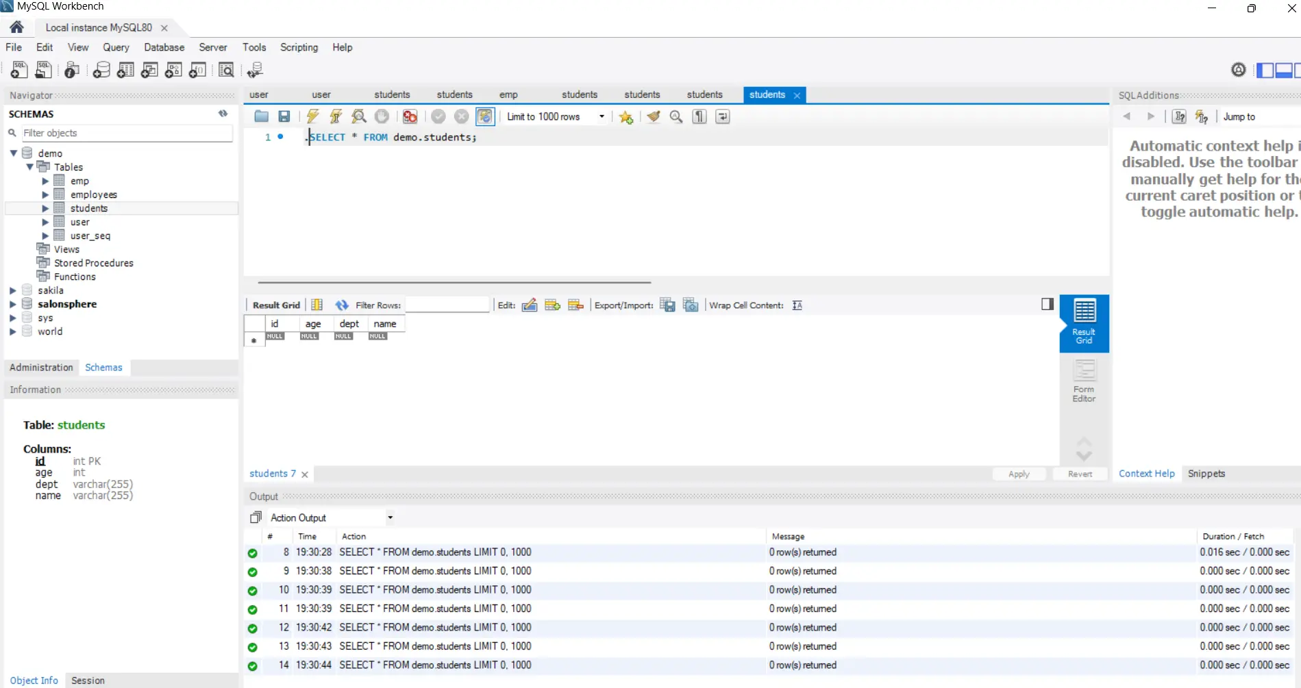 automatic table created