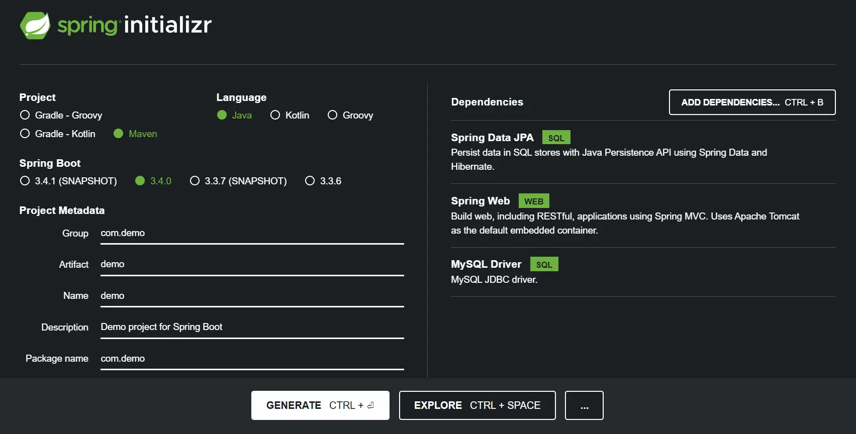 create spring boot project using Spring Initializer