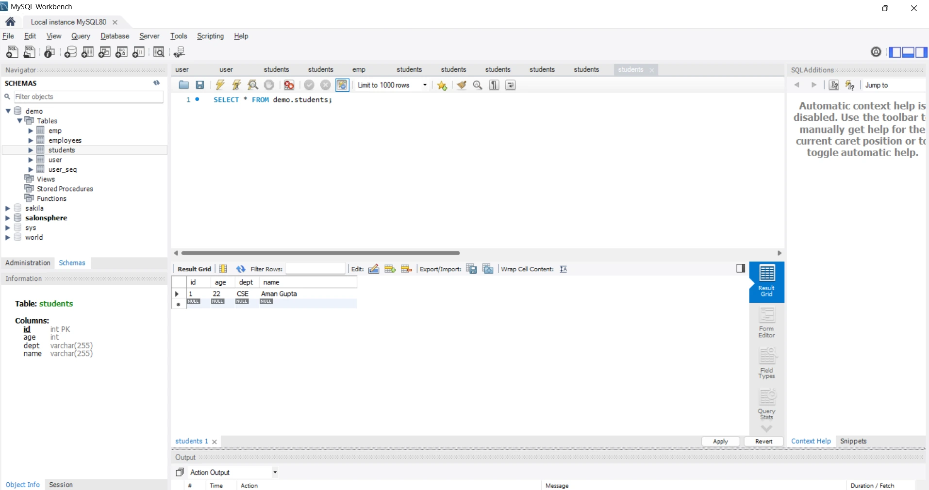 student table with inserted data