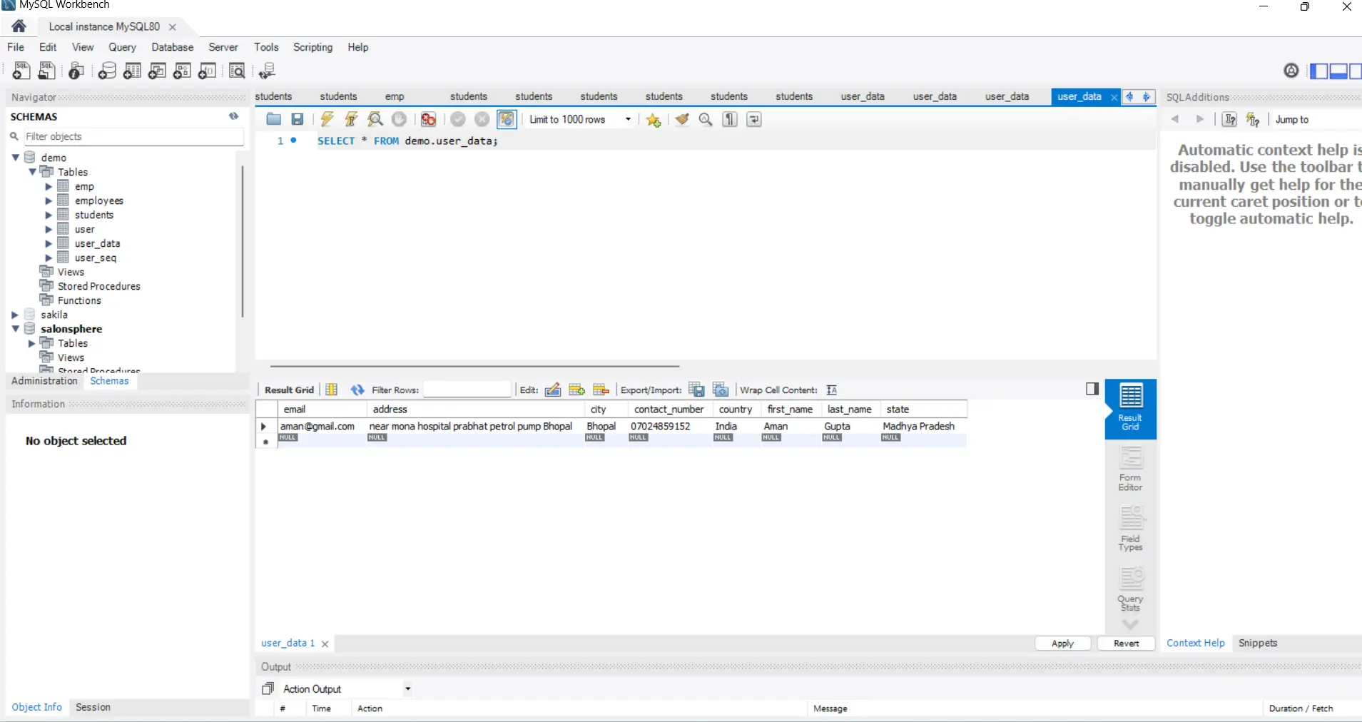 user_data table with inserted data