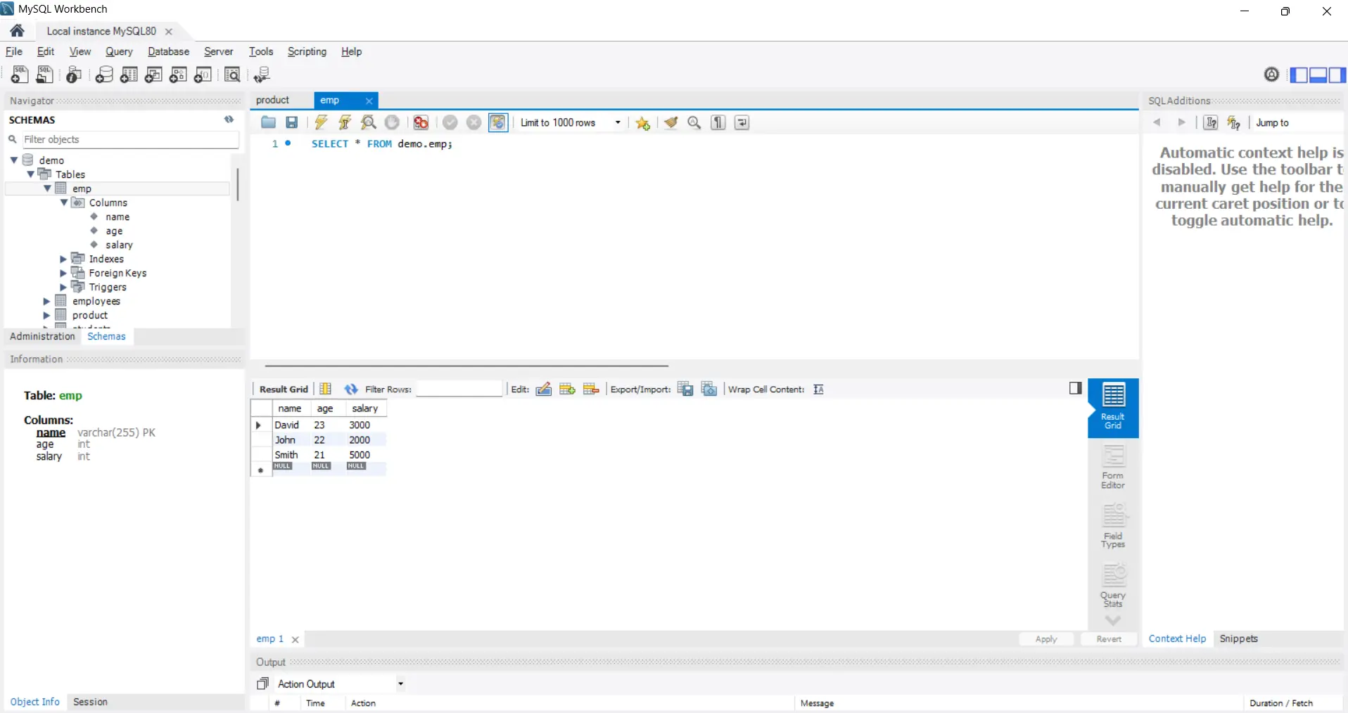 automatic table created